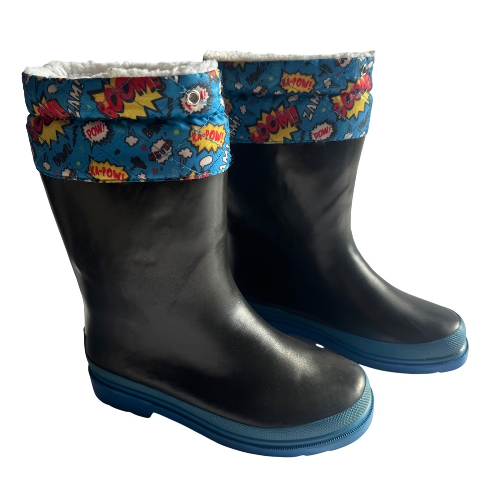 Lily & Dan Kids Comic Book Print Faux Shearling Lined Rain Boots Black Blue 13/1